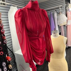 Red Draped High-Neck Long Sleeve Mini Dress